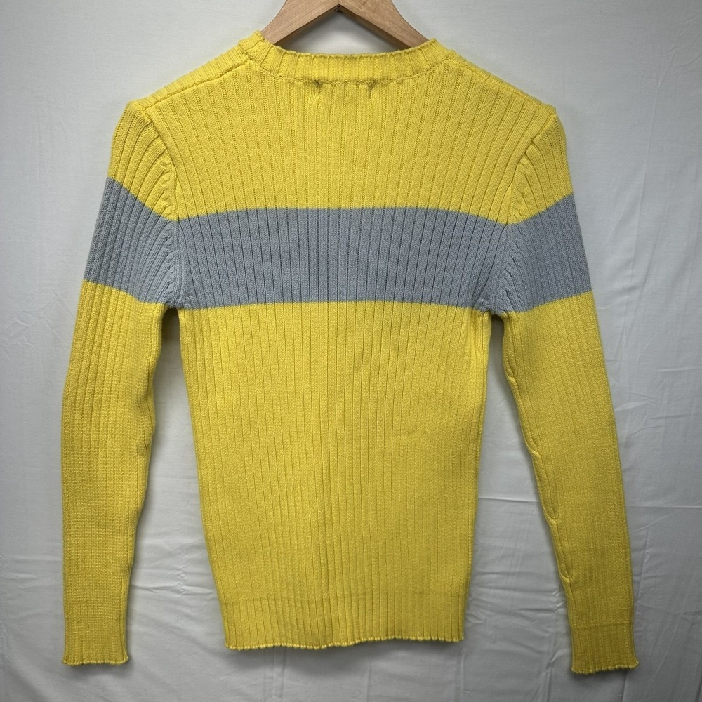 KENVELO Striped Ribbed Knit Crew Neck Sweater Yellow Grey Women L - Picture 2 of 4